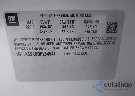 2013 Chevrolet Malibu 1Fl z USA, uszkodzony, nr VIN 1G11A5SA8DF254541